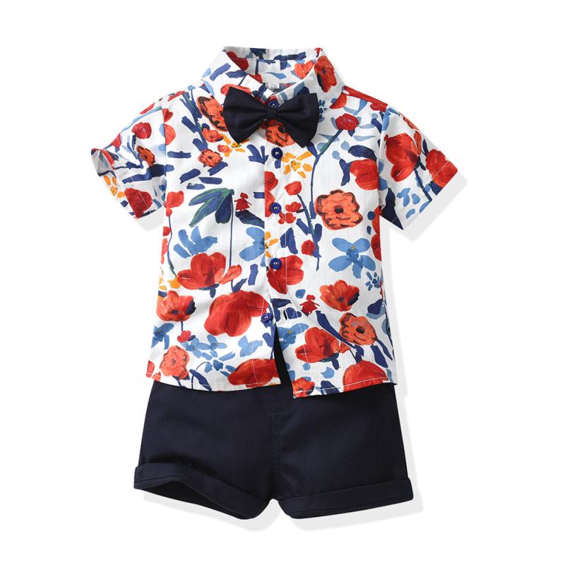 シャドーテールの子供服 上下セット 男児用 半袖シャツ ショートパンツ 薄手 夏 カジュアル 花柄 70CM 80cm 90cm 100cm 110cm 120cm 130cm 140cm｜アングル3