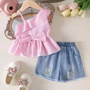 キッズ 女の子 上下セット ストライプ柄 トップス デニムパンツ 2点セット 夏物 ノースリーブ 斜めがけ 肩出し 柔らかい 薄手 幼児 普段着 部屋着 かわい...