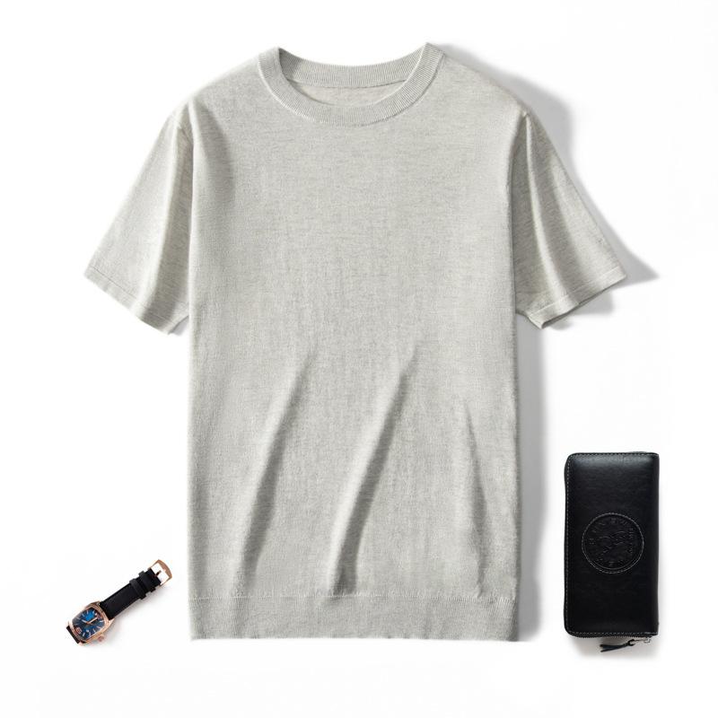 Other - Tシャツ メンズ 男性用 半袖 桑蚕丝 ニット 薄手 ラウンドネック カシミヤ ブレンド 無地 リブ裾 カジュアル 普段使い 春夏 藏藍色 ブラック 浅灰色