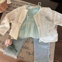 子供服 3点セット 女の子 吊りスカート ニットカーディガン デニムパンツ 春秋 綿 無地 緑 杏色 80cm 90cm 100cm 110cm 120cm 1...