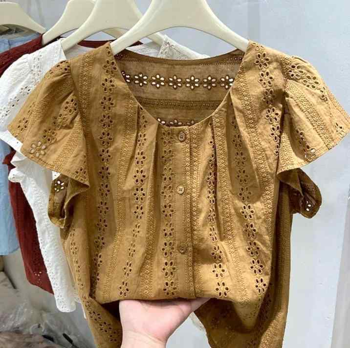 Other - シャツ レディース フレンチ風 刺繍 レース 小さめパフスリーブ ブラウス 韓国風 かわいい ドールトップス 杏色 キャメル ポリエステル混紡 ゆったり ラウンドネック ノースリーブ カットソー