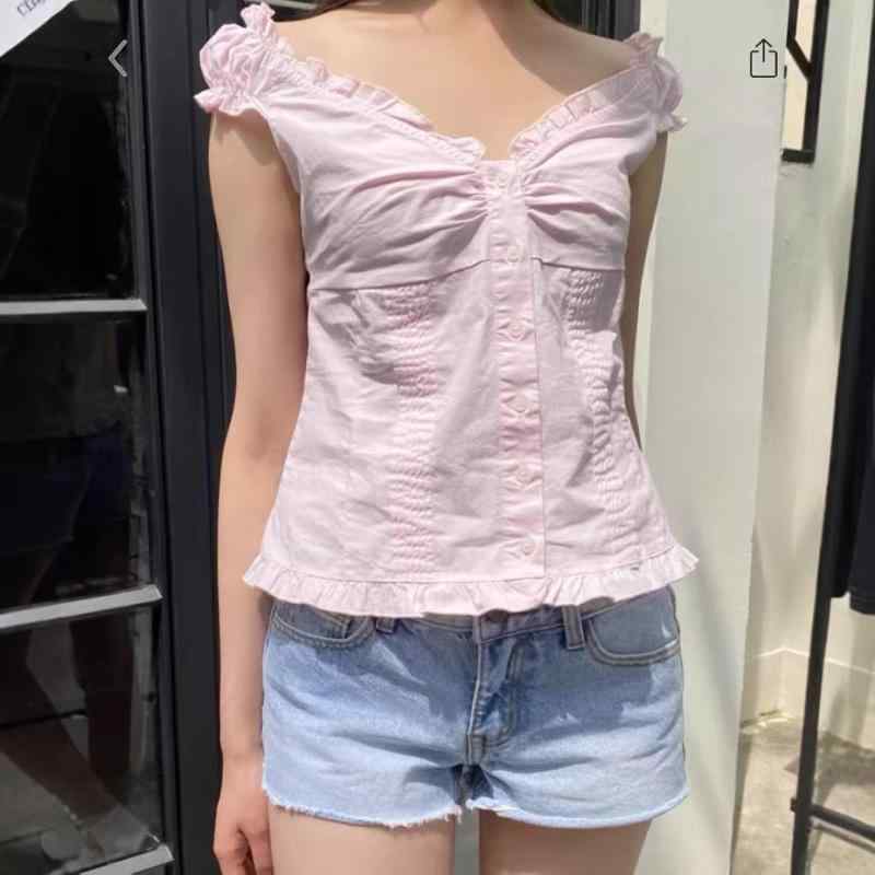 レディース シャツ トップス ピンク かわいい フリル 袖 短袖 Vネック 泡泡袖 コッ...
