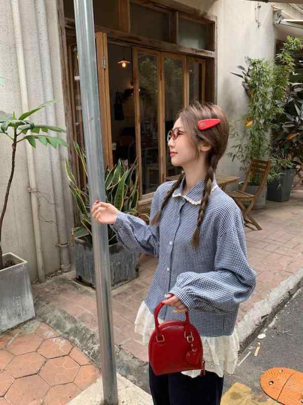 シャツ レディース 春秋 レース 切り替え 格子柄 長袖 トップス 襟付き ブルー かわいい ゆったり 普段使い