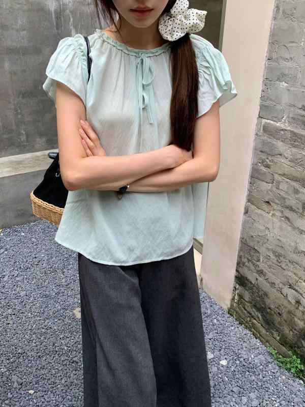 シャツ レディース チュニック ブラウス 2025春夏 半袖 フリル袖 ポリエステル 人棉 ゆったり 無地 ボタン 緑 杏色 フリーサイズ 韓国風