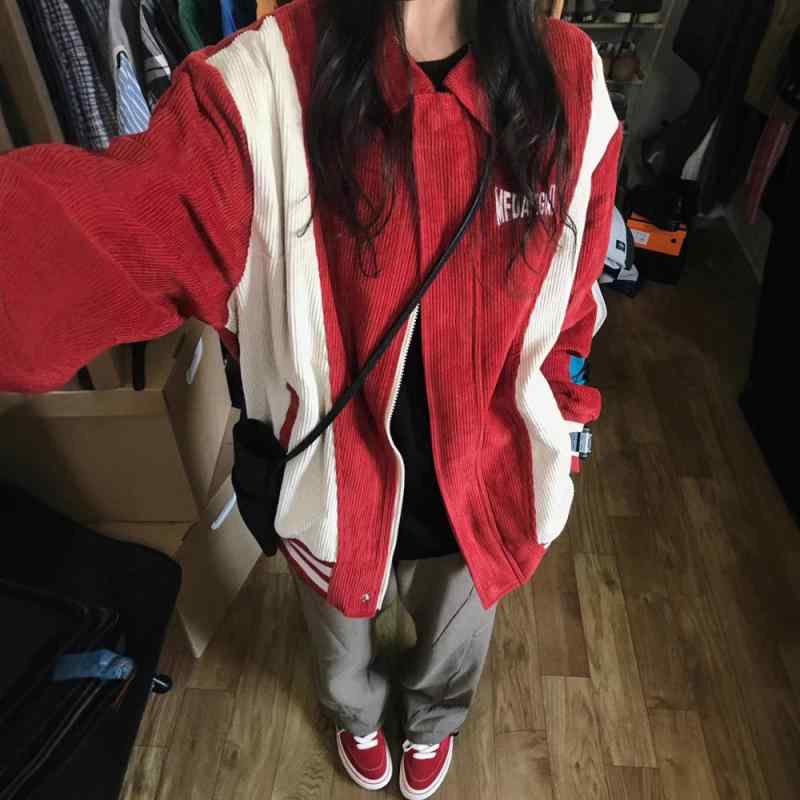 ジャケット レディース アメリカンレトロ コーデュロイ 野球服 ブルゾン ジャンパー アウター 切り替え レッド M L XL 2XL 3XL