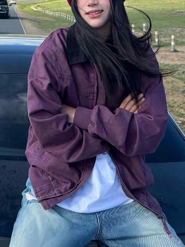 ・袖丈: 長袖・柄: 無地・ネックライン: 襟付き・スタイル: カジュアル、韓国風・シルエット: ゆったり・素材: 綿・素材（%表記）: 綿50-70%、ポリエステル30-50%・前開き: ジッパー・カラー: パープル・サイズ: M、L、XL、XXL・袖のタイプ: レギュラー