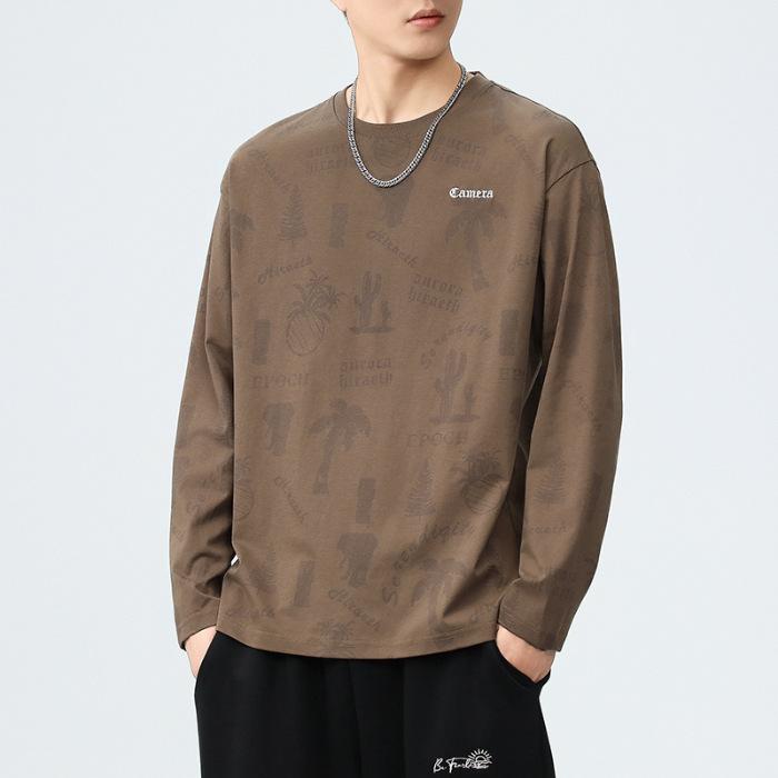 Tシャツ メンズ 長袖 コットン混紡 プルオーバー ラウンドネック プリント柄 秋冬 トップス カットソー ゆったり 大きめサイズ 普段使い デイリーウェア 杏色 ブラック系