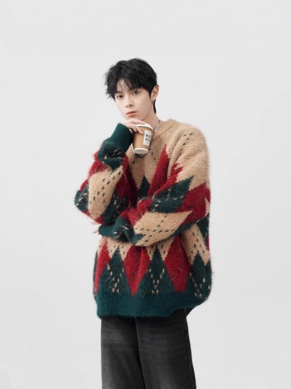 ニット メンズ 男性用 美式 レトロ 菱格柄 クリスマス セーター 秋冬 長袖 配色 ラウンドネック プルオーバー 宽松 ゆったり カジュアル 普段使い デイリーユース 绿色系 アイボリー