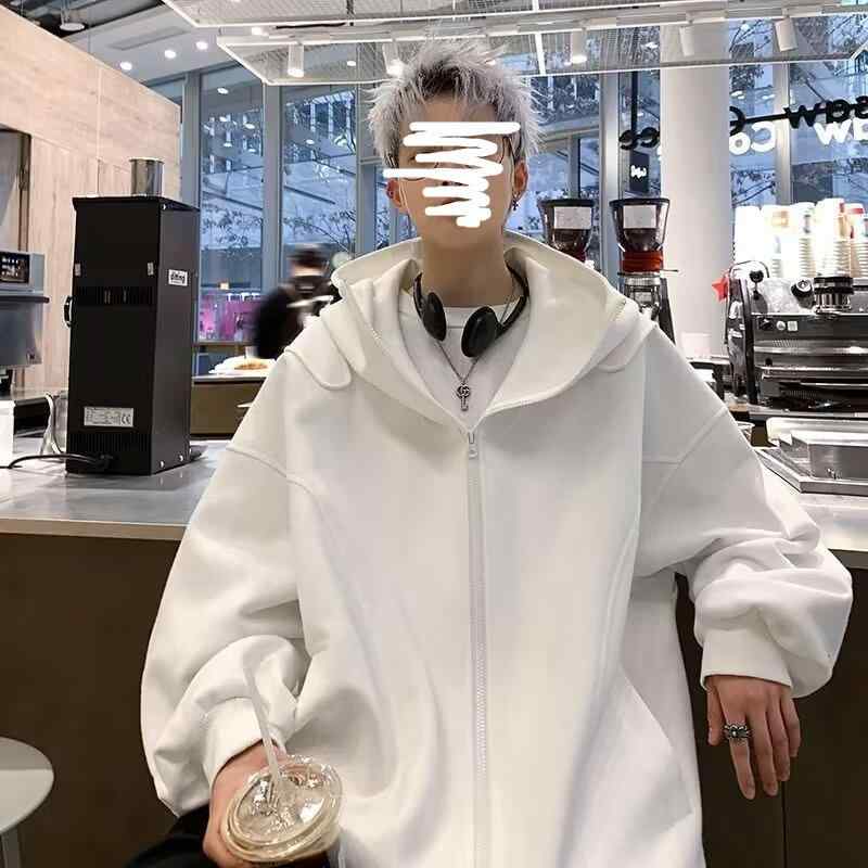 ジャケット メンズ 春秋 韓国風 フード付き ポリエステル ジップアップ ブルゾン 無地 ブラック ホワイト スポーティー カジュアル