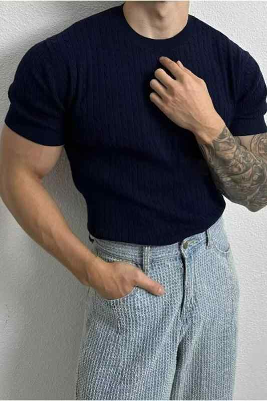 ニット メンズ 半袖 Tシャツ サマーニット 無地 丸首 スリムフィット ストレッチ 伸縮性 涼しい 普段使い カジュアル ブルー カーキ