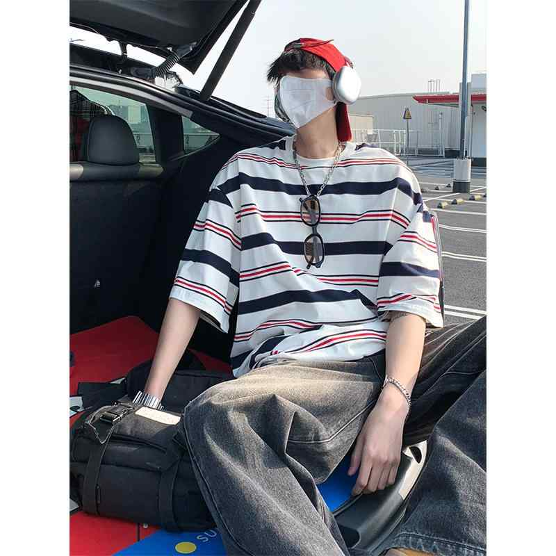 Tシャツ メンズ 男性用 アメリカン レトロ ストライプ柄 クルーネック 半袖 コットン トップス カットソー 普段使い カジュアル 黒 白 赤 伸縮性