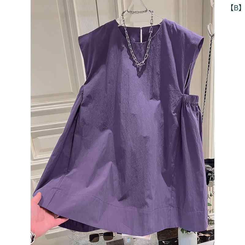 シャツ レディース 韓国風 無地 ノースリーブ ギャザー デザイン 夏服 ゆるかわ チュニック トップス ブラック パープル 3