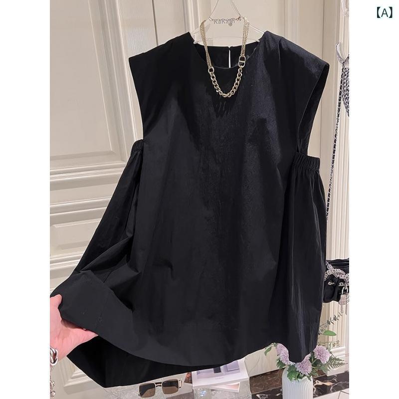 シャツ レディース 韓国風 無地 ノースリーブ ギャザー デザイン 夏服 ゆるかわ チュニック トップス ブラック パープル 2