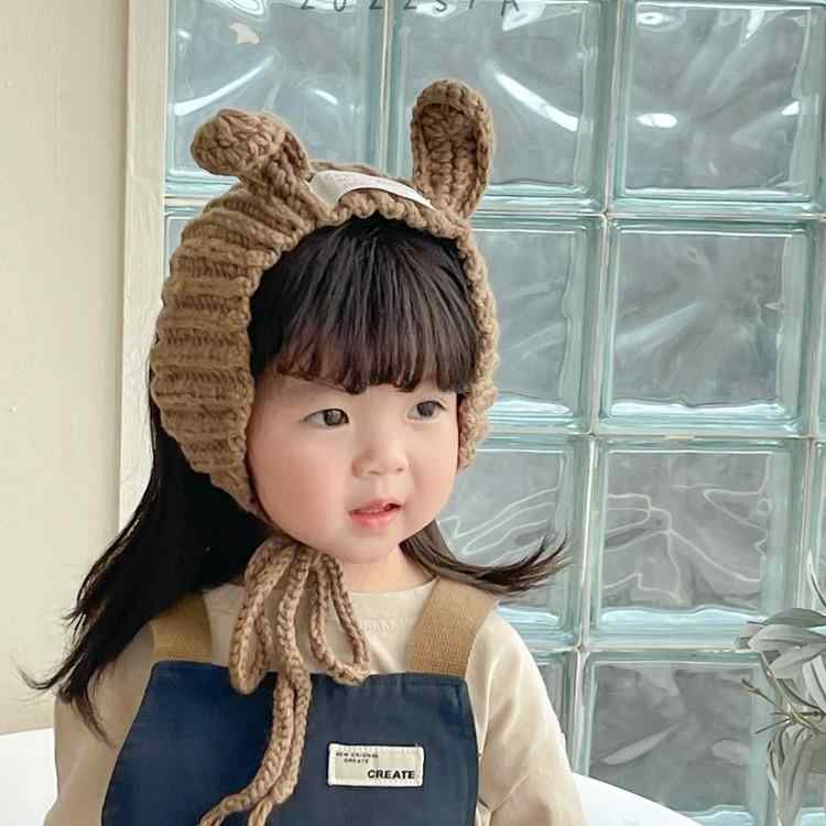 ニット帽 キッズ 秋冬 防寒 手編み ウサギ耳付き かわいい ベビー ヘアバンド ベージュ コーヒー ブラック イエロー ピンク レッド 2歳 3歳 4歳 5歳 6歳 7歳 8歳
