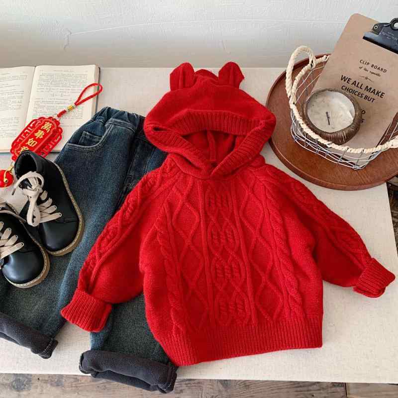 子供用ニット 子供用セーター ニット 男女兼用 柔らかい 暖かい 赤色 帽子付き かわいい 小さな耳 長袖 トップス 秋冬 普段使い
