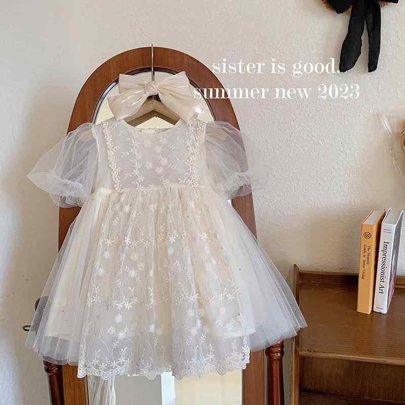 ワンピース キッズ 女の子 パフスリーブ チュールスカート Aライン 春夏 子供服 ベビー プリンセス ベージュ 無地 かわいい 綿80%