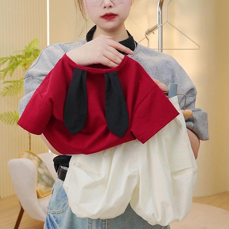 Tシャツ & パンツ キッズ 女の子 夏服 半袖 7分丈 ワイドパンツ 2点セット 薄手 接触冷感 子供服 上下セット 綿80% 80cm 90cm 100cm 110cm 120cm 130cm レッド & ベージュ レッド & ブラック