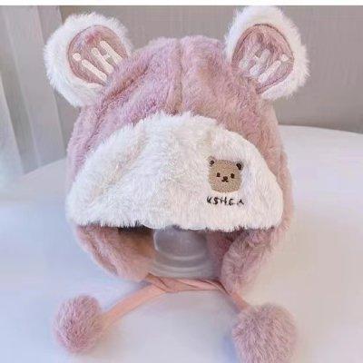 帽子 ベビー 小熊耳あて付き 0歳 1歳 防寒 保温 秋 冬 ベージュ系