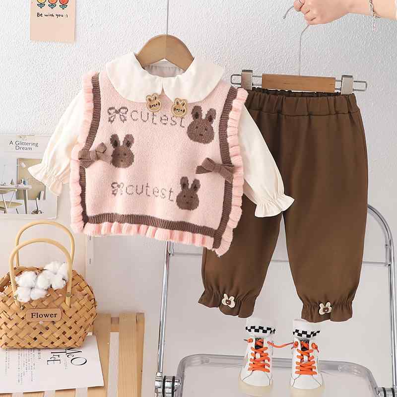 子供服 3点セット 女の子 ニットベスト 長袖トップス 長ズボン 幼児 ベビー服 春秋 かわいい ウサギ柄 ピンク系 ホワイト系