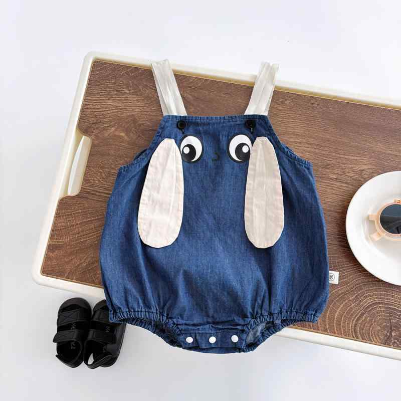 ベビー服 デニム サロペット ロンパース かわいい ウサギ耳付き ノースリーブ コットン 薄手 韓国風 カバーオール