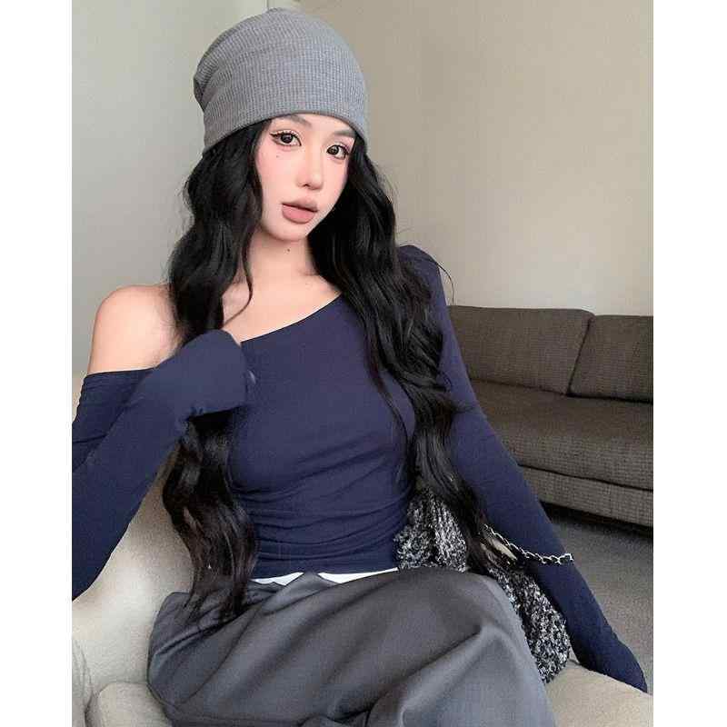 Tシャツ レディース 一字襟 長袖 トップス カットソー ポリエステル 無地 スリム ショート丈 白 黒 ベージュ 通勤 普段使い セクシー 秋冬