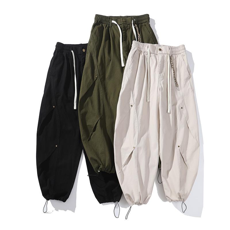 ワークパンツ メンズ ストレート ワイドレッグ コットン混紡 ゆったり 高腰 カーゴパンツ 春秋 ブラック カーキグリーン