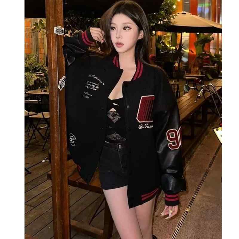 ジャケット レディース 秋冬 配色 切り替え 刺繍 野球服風 アウター スタジャン ブルゾン ジャンパー アクリル ゆったり ブラック