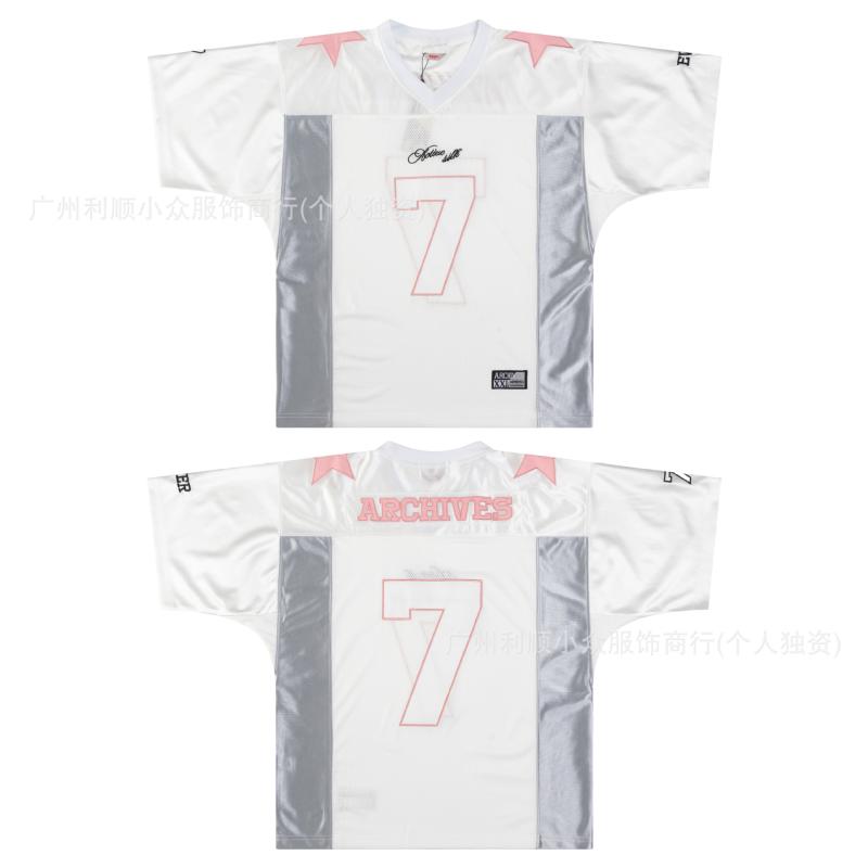 Tシャツ レディース 美式 レトロ 刺繍 メッシュ 半袖 ゆったり Vネック トップス ポリエステル 普段使い 12号球衣蔵青 7号球衣白青 7号球衣白ピンク 13号球衣ピンク 12号球衣白 12号球衣黒 12号球衣迷彩ピンク 12号球衣迷彩黒