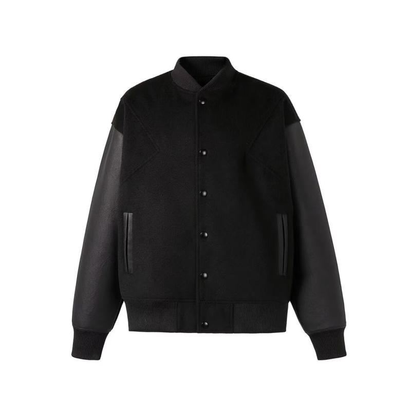 ジャケット 男性用 毛織物 レザー切り替え 野球服風 ブルゾン 秋冬 ストリート カジュアル ブラック 紺