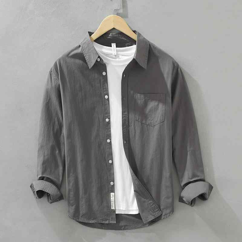 乐天商城 - シャツ メンズ 長袖 コットン 翻襟 無地 ゆったりサイズ ライトグレー ホワイト系 ダークグレー グリーン系 ブルー系 春秋