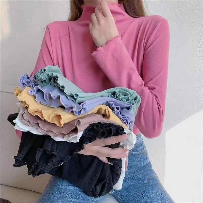 Tシャツ レディース 秋冬 無地 インナー トップス 長袖 スリム 木耳フリル 襟高 あったか 裏起毛 やわらか イエロー系 ブルー系 ブラウン ピンク系