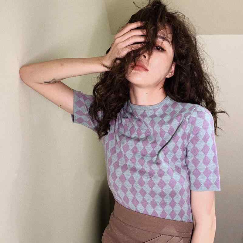 Tシャツ レディース 韓国風 レトロ 配色 チェック柄 ニット トップス 半袖 スリムフィット ラウンドネック チョコレート 紫系