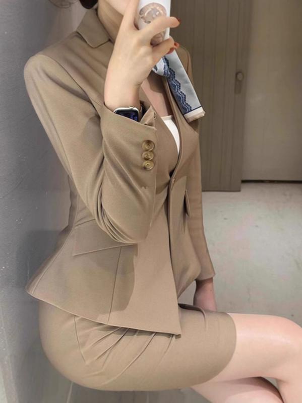 Rakuten - スーツ レディース 女性用 セットアップ スカートスーツ ミモレ丈 ポリエステル 長袖 無地 ポケット付き ベージュ系 エレガント 通勤 オフィス ビジネス フォーマル 春