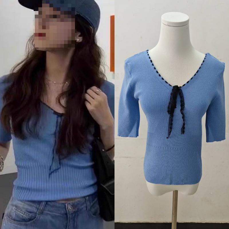 ニット レディース ブルー Vネック 蝶結び 半袖 トップス 粘胶 伸縮性 通気性 韓国風 フェミニン 春夏