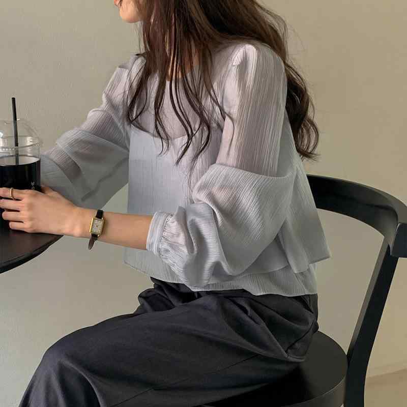 シャツ レディース シフォン 小众 デザイン 透け感 小衫 キャミソール 背心 ユニーク 長袖 ブラウス 2点セット 春夏 カジュアル ブラック ブルー ベージュ フリーサイズ(4.0)