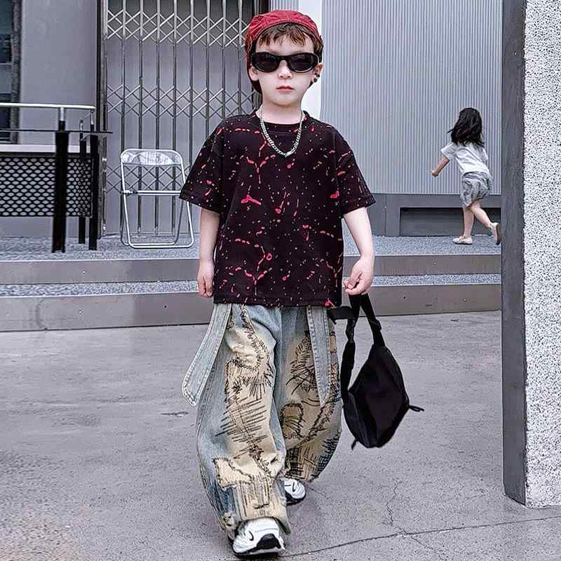 Rakuten - キッズ 半袖Tシャツ デニムパンツ セットアップ 子供服 男の子 ワイドレッグ ワークパンツ 2点セット 薄手 夏