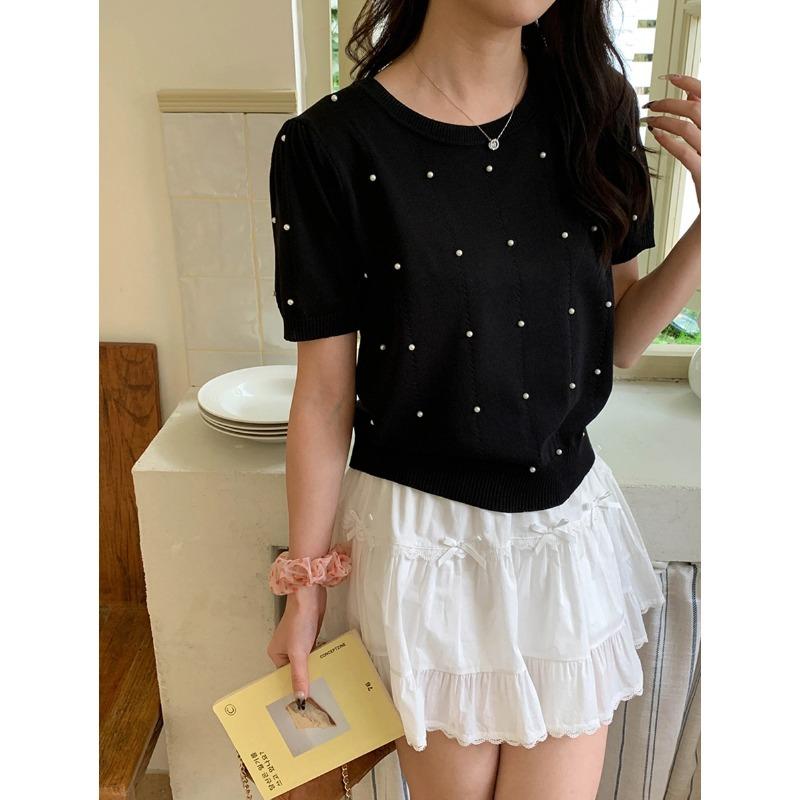 ニット レディース ニットトップス 半袖 丸首 ビーズ 飾り ブラック ホワイト 春夏 プルオーバー ゆったり 通勤 きれいめ かわいい