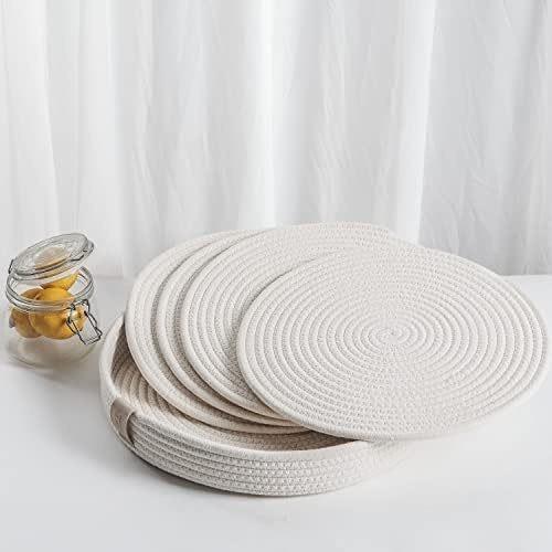 ランチョンマット 綿 麻 混紡 北欧風 織り ラウンド コースター 鍋敷き 断熱 装飾 ホーム キッチン 食卓 33cm 4枚 + トレイ 黄色 ミックス チャコール ブラウン ブラック アイボリー