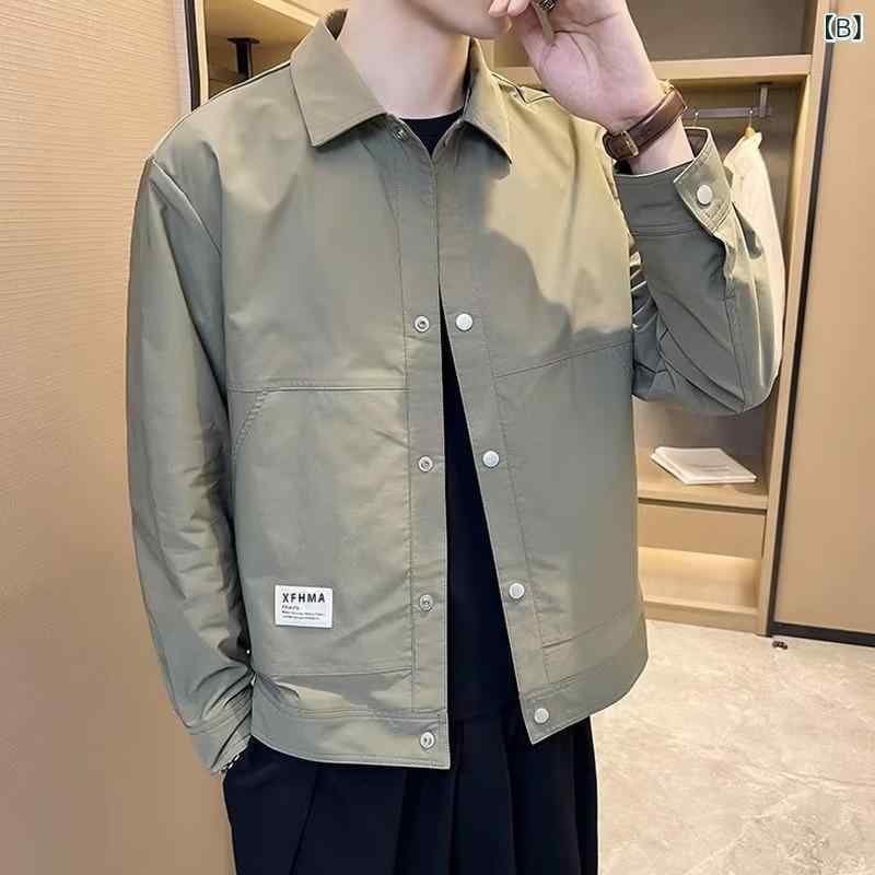 ジャケット メンズ 春秋 立襟 コットン混紡 無地 ポケット付き 防風 アウター ブラック グリーン