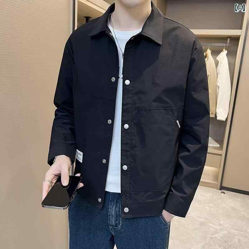 ジャケット メンズ 春秋 立襟 コットン混紡 無地 ポケット付き 防風 アウター ブラック グリーン
