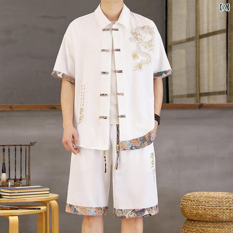 シャツ メンズ 半袖 中国風 刺繍 夏物 カジュアル 薄手 ポリエステル トップス M L XL 2XL 3XL 4XL 白 黒 ワインレッド カーキ色