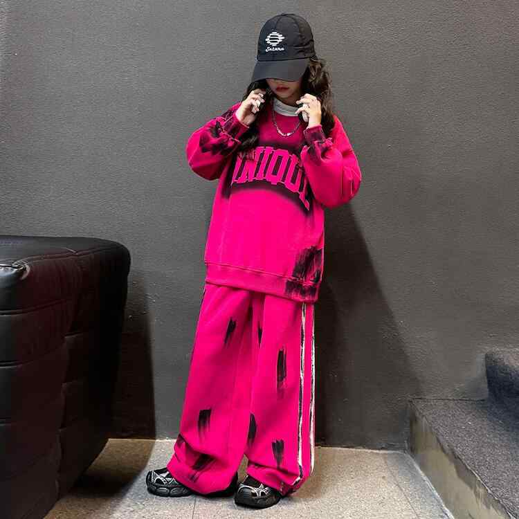 子供用ジャージ スウェット セットアップ 女の子 春秋 長袖 ワイドレッグパンツ ニット 2点セット 運動着 普段着 部屋着 ブラック ピンク系