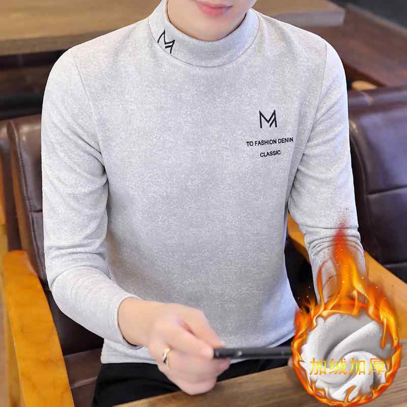 Tシャツ メンズ 男性用 長袖 ハーフハイネック 裏起毛 プリント スリム トップス 韓国風 カジュアル 秋冬