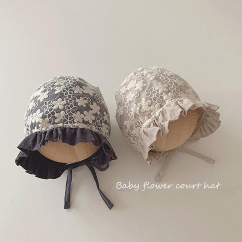 帽子 ベビー 赤ちゃん 女の子 春秋 プリンセス 宮廷風 フリル レース 水洗い綿 ニット帽 護耳 あご紐付き かわいい 0歳 1歳 2歳