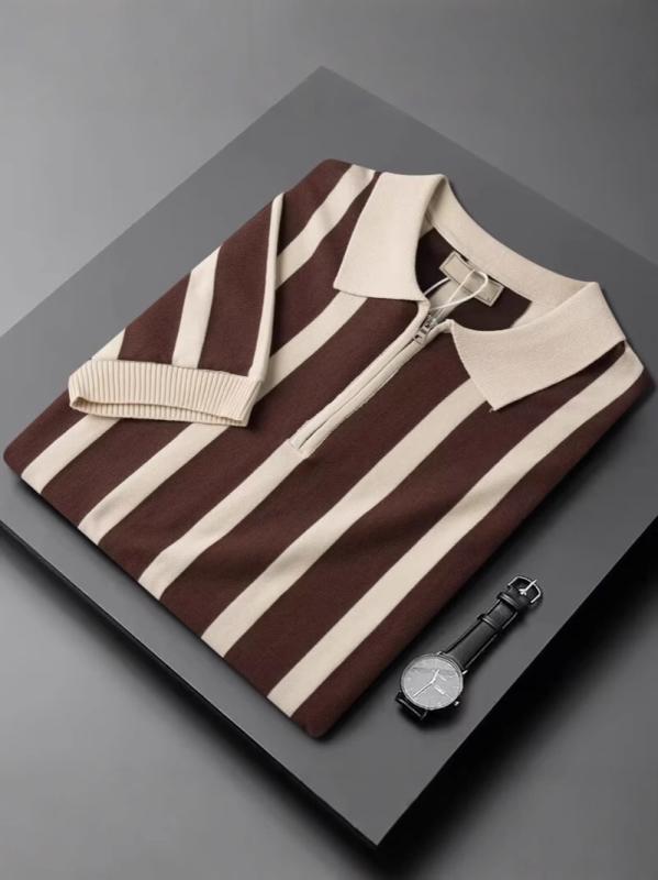 Tシャツ メンズ 半袖 ポロシャツ 韓国風 レトロ ストライプ ジッパー付き トップス カットソー ゆったり カジュアル 普段使い 部屋着 コーヒー色 黒 ブラック ポリエステル