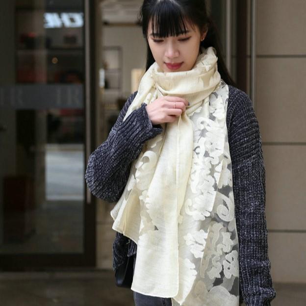 ストール レディース 春秋 綿麻 レース 切り替え 祥雲 幾何学模様 薄手 ショール 紺色 赤色 コーヒー色