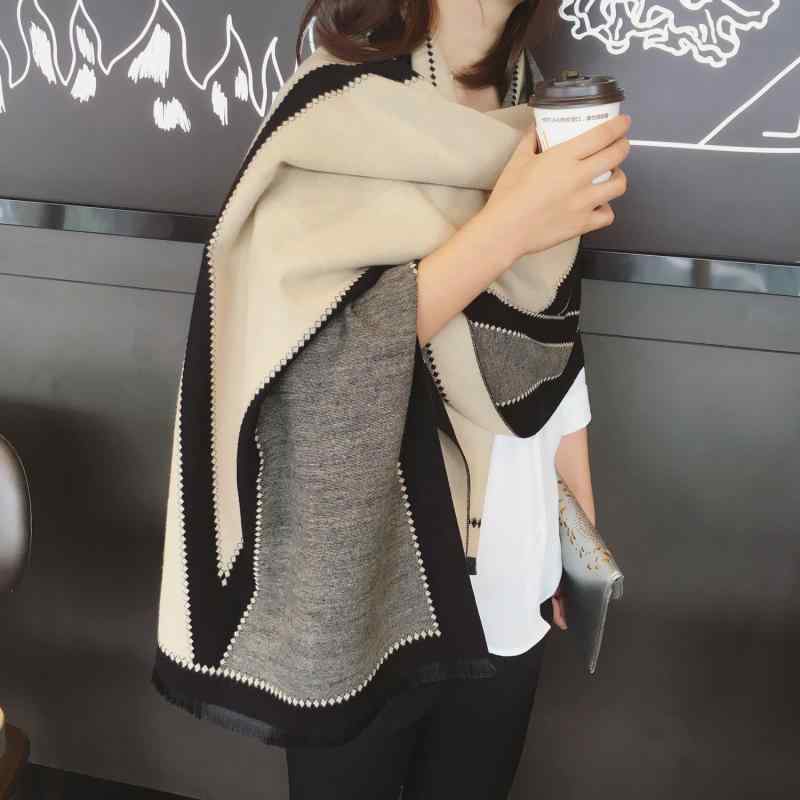 ・素材: 仿羊绒・性別: 女性・編み方: 経編・加工方法: ジャカード・流行要素: フリンジ・機能: 保温・柄: 幾何学模様・スタイル: 日韓、スイート・種類: ストール・形状: 長方形・幅: 65cm・長さ: 180cm・対象: 成人・用途: アウトドア、ショール、防寒・カラー: ブラック/ベージュ、グレー/ピンク、ネイビー/ピンク