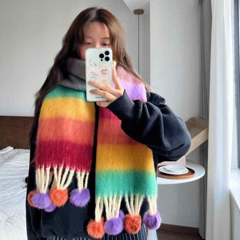 マフラー レディース ストール グラデーション モヘア風 厚手 防寒 秋冬 韓国風 フリンジ付き パステルカラー かわいい カジュアル