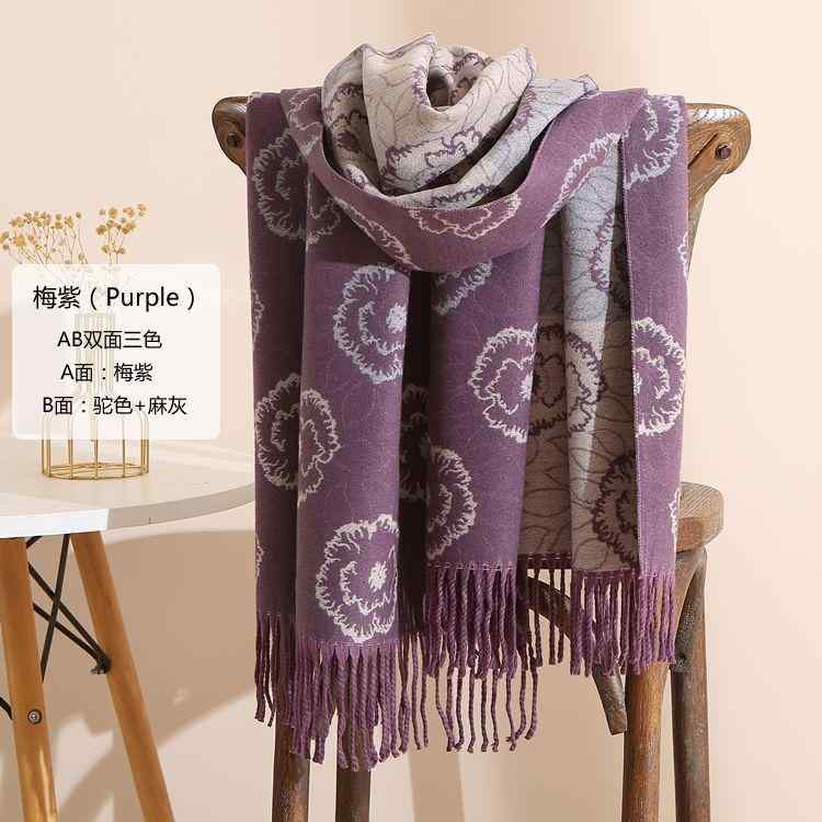 マフラー レディース 秋冬 保温 暖かい ネックウォーマー 高級感 ショール ストール 厚手 フリンジ付き カシミヤタッチ風 2way 大判 無地 花柄 カメリア ベージュ系