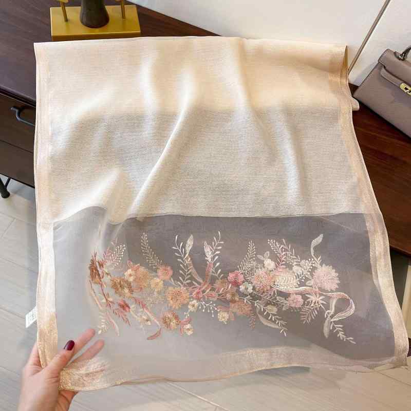 ストール レディース 春夏 シルク ショール ファッション 刺繡 花柄 ジャカード 薄手 UV対策 冷房対策 エレガント きれいめ 青色 桃色